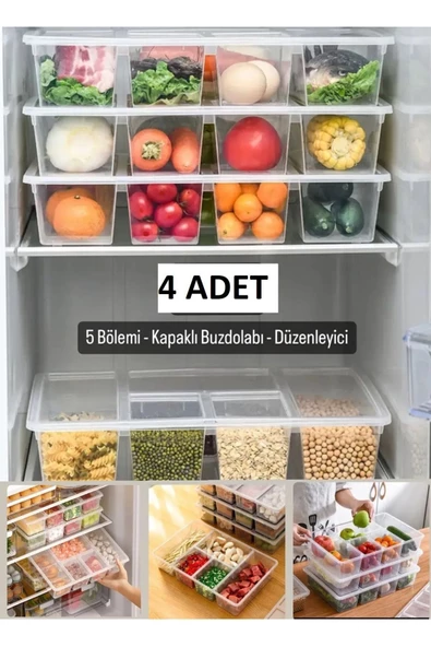 4 Adet Luna Kapaklı 5 Bölmeli Buzdolabı Düzenleyici Sebzelik - Et Balık Sebze Organizer ürün görseli 1