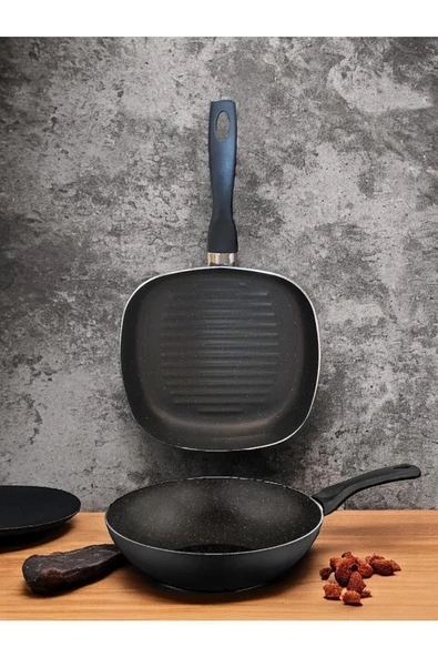 Granit 2'li Tava Set - 28 Cm Wok Tava Ve 26 Cm Griil Çizgili Izgara Tavası ürün görseli 1