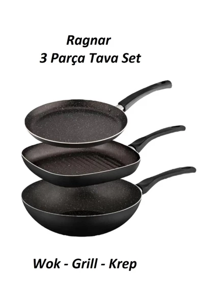 Ragnar 3 Parça Tava Seti - Wok Grill Krep Tavası 3'lü Çeyiz Mutfak Seti ürün görseli 1