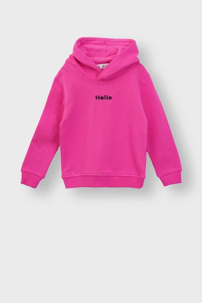 Kapüşonlu Hello Nakış Baskılı Basic Pembe Çocuk Eşofman Takımı - Resim 2