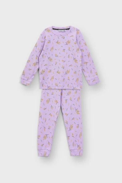 Başak Çiçeği Desenli Lila Fitilli İnterlok Kumaş %100 Pamuk Kız Çocuk Pijama Takımı ürün görseli 1