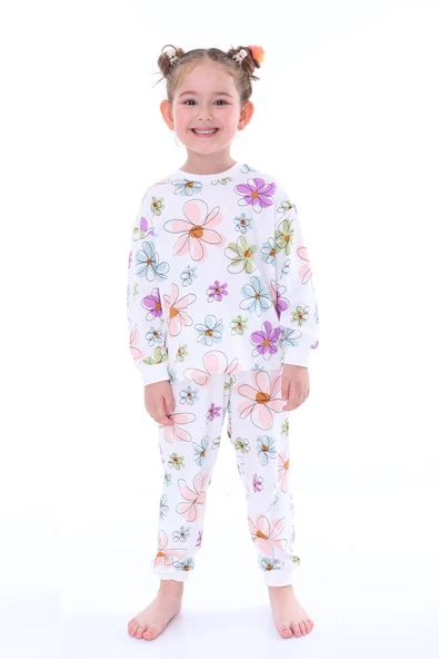 Renkli Papatya Desenli Kız Çocuk Pijama Takımı ürün görseli 1