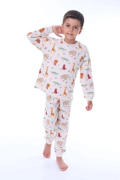 Animaux Desenli %100 Pamuk Unisex Çocuk Pijama Takımı ürün görseli 1