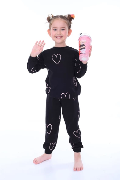 Kalp Desenli Siyah Kız Çocuk Pijama Takımı ürün görseli 1