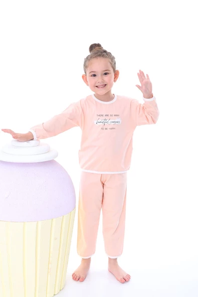Salmon Beautiful And Happy Desenli Kız Çocuk Pijama Takımı ürün görseli 1