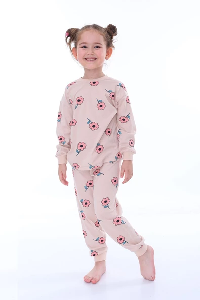 Çiçek Desenli Pembe Kız Çocuk Pijama Takımı ürün görseli 1