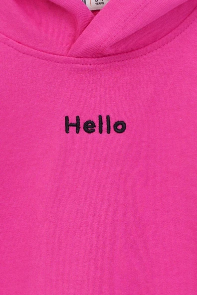 Kapüşonlu Hello Nakış Baskılı Basic Pembe Çocuk Eşofman Takımı - Resim 4