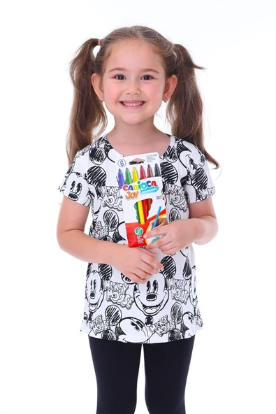 Summer Mickeyli Kız Çocuk T-shirt (BOYANABİLİR KALEMLERİ HEDİYE ! YIKAMA SONRASI LEKE BIRAKMAZ) ürün görseli 1