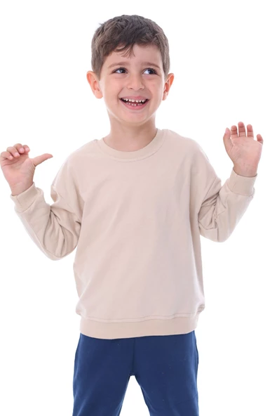 Basic Düz Renk Bej Fırçalı Yumuşak %100 Pamuk Sweatshirt ürün görseli 1