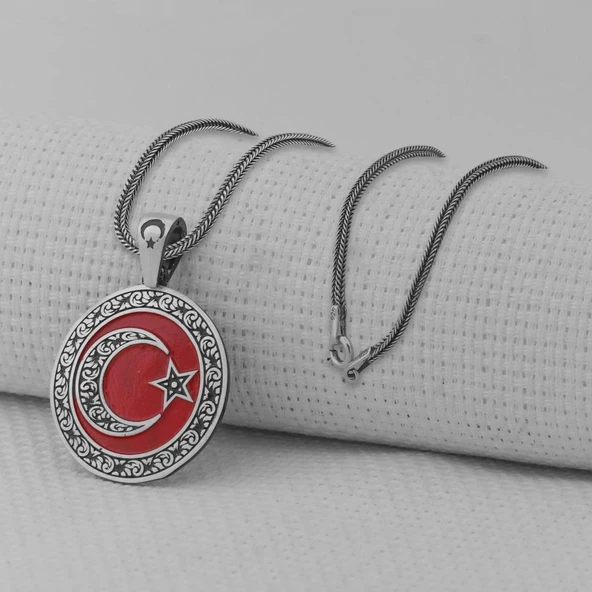 Gravür İşlemeli 925 Ayar Gümüş Büyük Boy Ay Yıldız Kolye ürün görseli 1