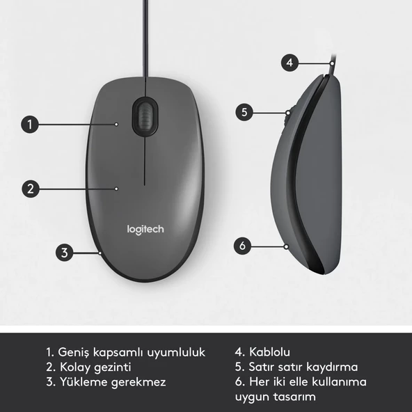 Logitech M100 Kablolu 1.000 DPI USB Mouse - Siyah - Resim 6