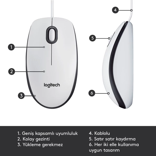 Logitech M100 Kablolu 1.000 DPI USB Mouse - Beyaz - Resim 5