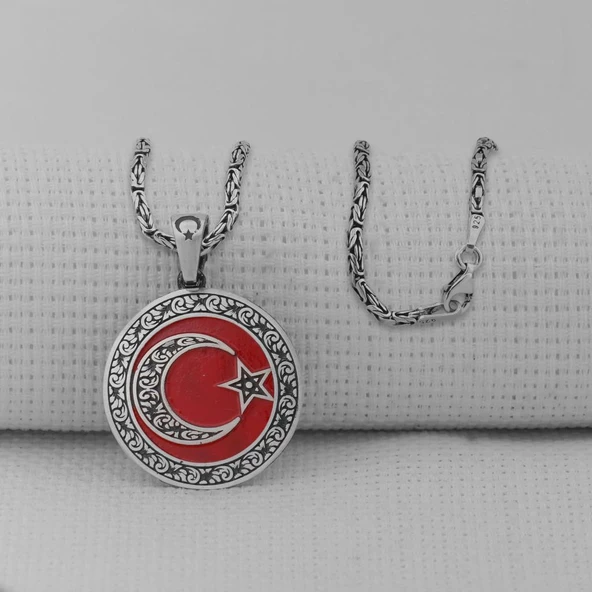 Gravür İşlemeli 925 Ayar Erkek Gümüş Büyük Boy Ay Yıldız Kolye ürün görseli 1