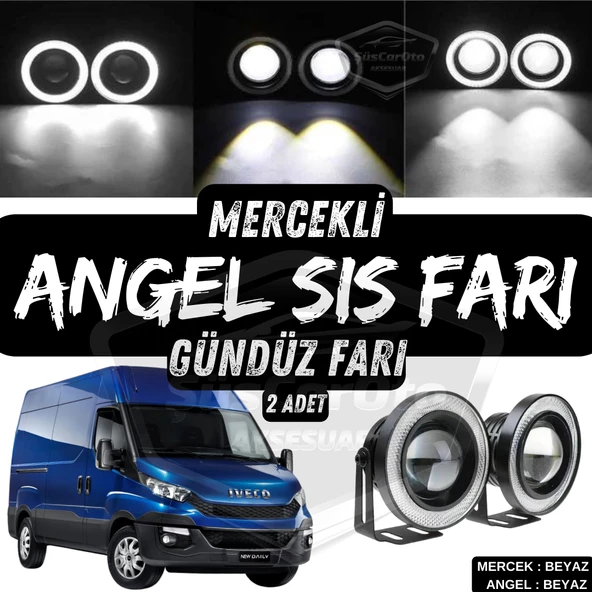Iveco Daily Uyumlu Üniversal Mercekli Angel Sis Farı Metal Su Geçirmez 76 mm Beyaz Halkalı Gündüz Farı Angel Eyes 2 Adet ürün görseli 1