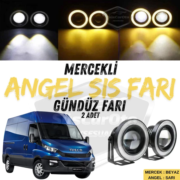 Iveco Daily Uyumlu Üniversal Mercekli Angel Sis Farı Metal Su Geçirmez 76 mm Sarı Halkalı Gündüz Farı Angel Eyes 2 Adet ürün görseli 1