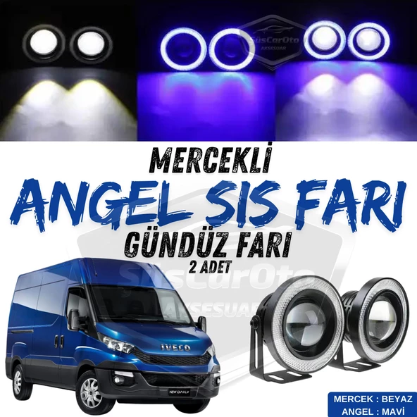 Iveco Daily Uyumlu Üniversal Mercekli Angel Sis Farı Metal Su Geçirmez 76 mm Mavi Halkalı Gündüz Farı Angel Eyes 2 Adet ürün görseli 1