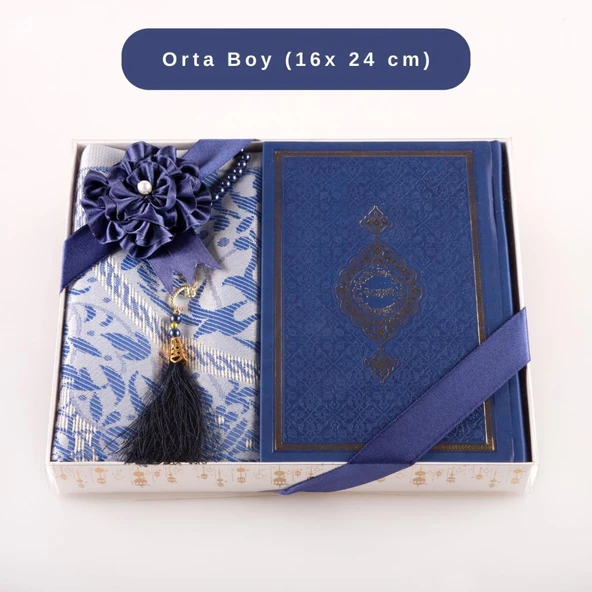 Kuran +  Seccade +  Tesbih Hediye Seti (Orta Boy, Termo Deri, Desenli Kutu, Lacivert) ürün görseli 1