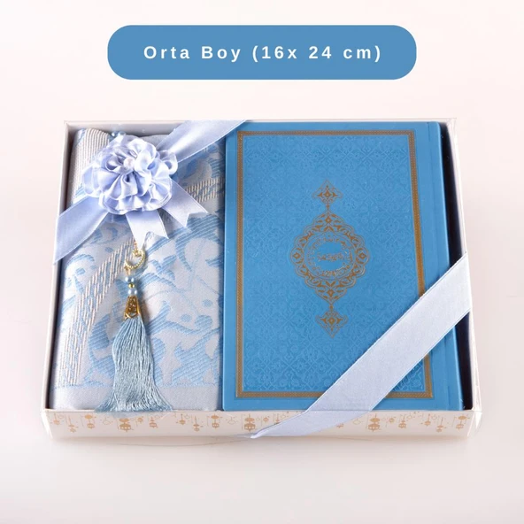 Kuran +  Seccade +  Tesbih Hediye Seti (Orta Boy, Termo Deri, Desenli Kutu, Açık Mavi) ürün görseli 1