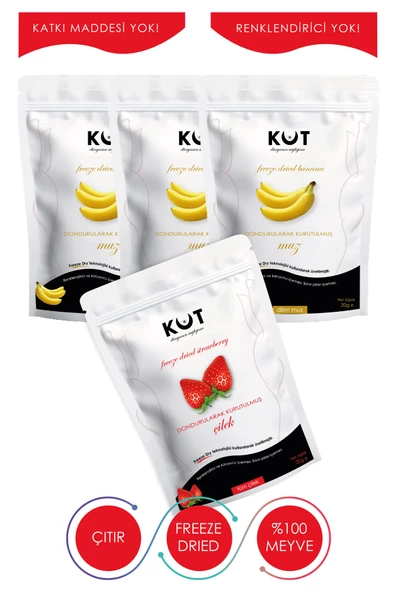 Dondurularak Kurutulmuş Muz ve Çilek - Freeze Dried Dilim Muz (3 x 20 g) + Tüm Çilek (1 x 20 g) ürün görseli 1