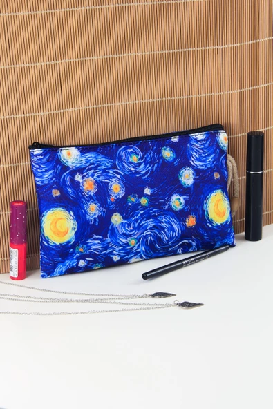 Yıldızlı Gece Tablosu Desenli Van Gogh Kalemlik Fermuarlı Makyaj Çantası Büyük Boy ürün görseli 1