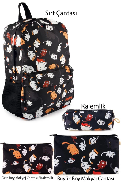 4'lü Set Kedi Desenli Sırt Çantası Kalemlik Makyaj Çantası Büyük Boy Makyaj Çantası ürün görseli 1