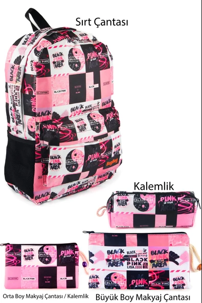 4'lü Set Blackpink K-Pop Desenli Sırt Çantası Kalemlik Makyaj Çantası Büyük Boy Makyaj Çantası ürün görseli 1
