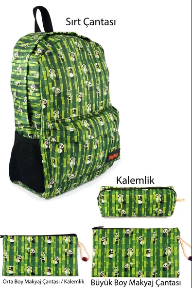 4'lü Set Bambu Panda Desenli Sırt Çantası Kalemlik Makyaj Çantası Büyük Boy Makyaj Çantası ürün görseli 1