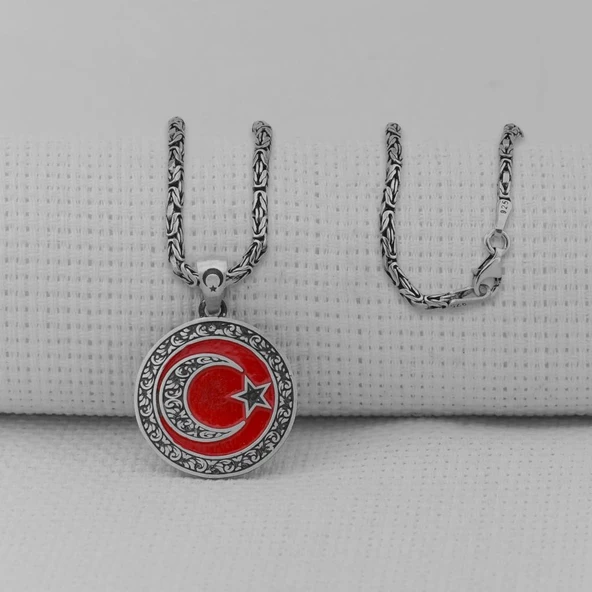Gravür İşlemeli 925 Ayar Gümüş Orta Boy Ay Yıldız Kolye ürün görseli 1