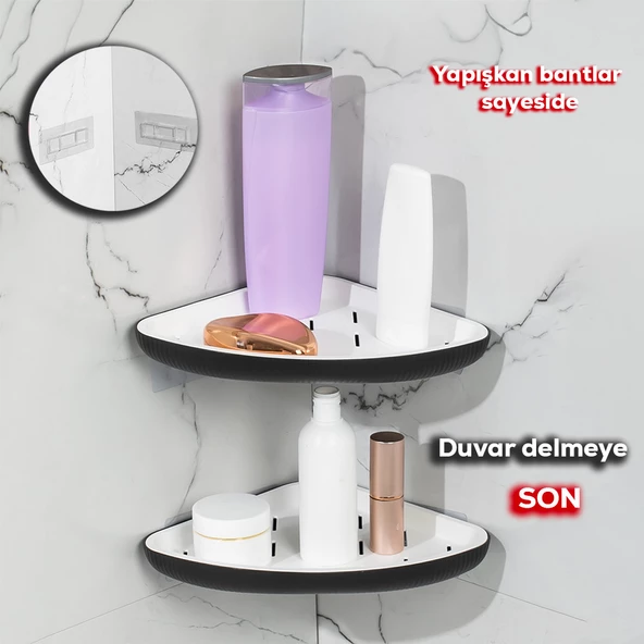 Porsima 0447 2'li İstiridye Banyo Köşe Rafı - Yapışkanlı Duş Rafı Banyo Düzenleyici Organizer - Siyah ürün görseli 1