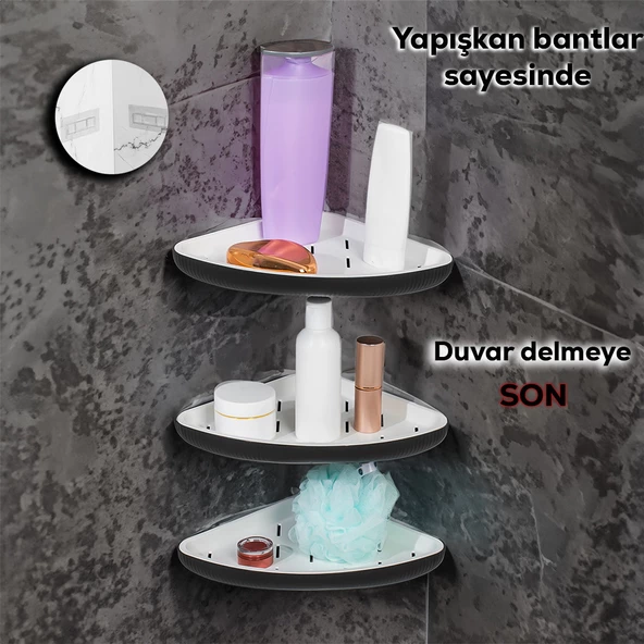 Porsima 0447 3'lü İstiridye Banyo Köşe Rafı - Yapışkanlı Duş Rafı Banyo Düzenleyici Organizer - Siyah ürün görseli 1