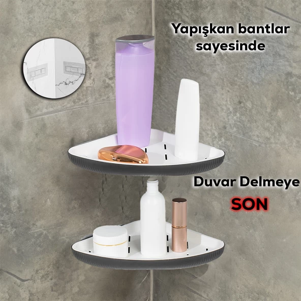 Porsima 0447 2'li İstiridye Banyo Köşe Rafı - Yapışkanlı Duş Rafı Banyo Düzenleyici Organizer - Antrasit ürün görseli 1