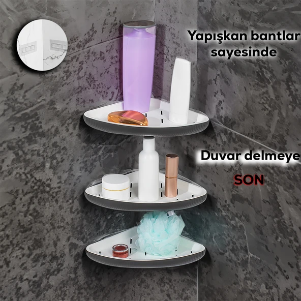 Porsima 0447 3'lü İstiridye Banyo Köşe Rafı - Yapışkanlı Duş Rafı Banyo Düzenleyici Organizer - Antrasit ürün görseli 1