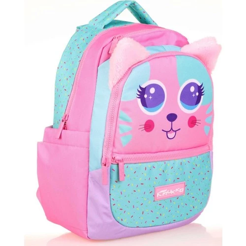 Kaukko Kids Yeşil Pembe Sevimli Kedi Kız Çocuk Okul Sırt Çantası ürün görseli 1