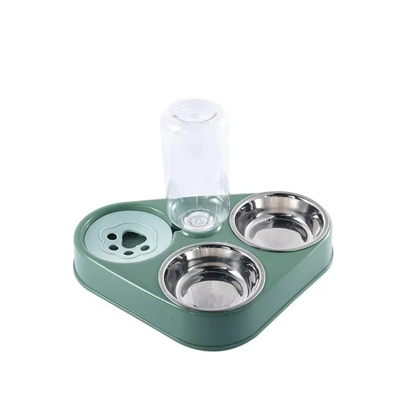 TechTic 3in1 Kedi Köpek Mama Su Kabı Paslanmaz Çelik Mama Kabı Tas Suluk Evcil Hayvan Kasesi(Yeşil) ürün görseli 1
