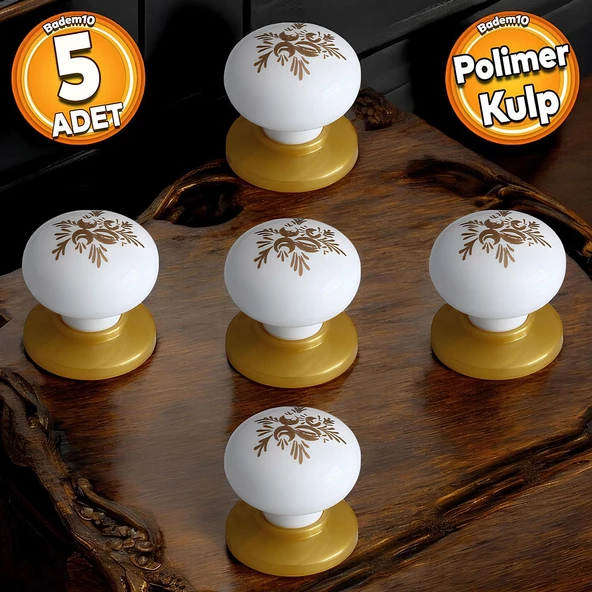 Polimer Düğme Kulp Desenli Beyaz Tablalı Gold Mobilya Mutfak Dolabı Çekmece Dolap Kulpu Kulbu 5 ADET ürün görseli 1