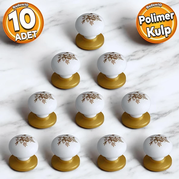 Polimer Kulp Düğme Beyaz Desenli Tabla Gold Mobilya Mutfak Dolabı Çekmece Dolap Kulpu Kulbu 10 ADET ürün görseli 1