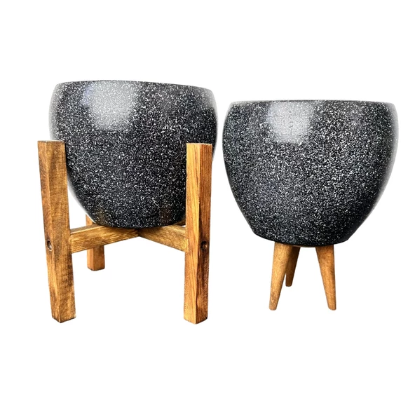 Bitki Tasarımı Siyah Granit Toprak Saksı Saksılık Salon Çiçeklik İkili Set 3 Ayaklı- 4 Ayaklı- 15 CM ürün görseli 1