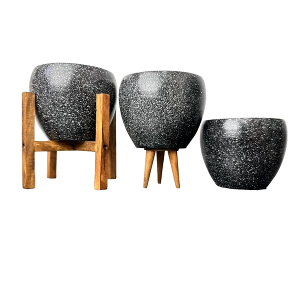 Bitki Tasarımı Siyah Granit Toprak Saksı Saksılık Salon Çiçeklik Üçlü Set - 15 CM ürün görseli 1