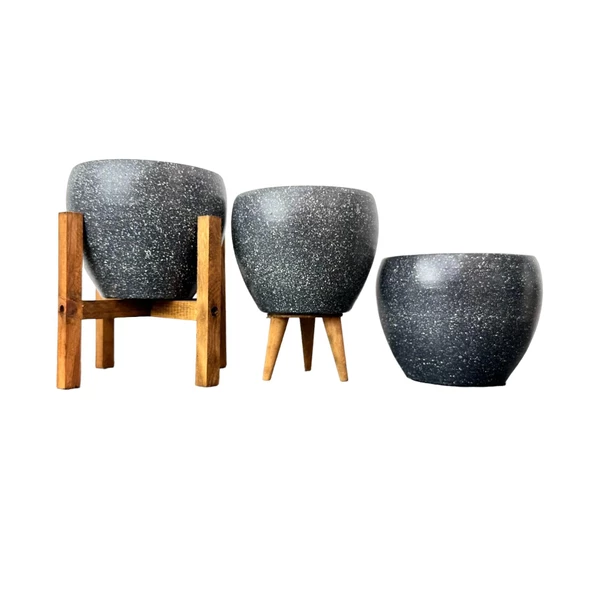 Bitki Tasarımı Gri Granit Toprak Saksı Saksılık Salon Çiçeklik Üçlü Set - 15 CM ürün görseli 1
