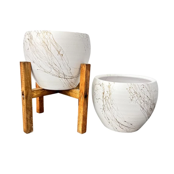 Bitki Tasarımı Beyaz Üzeri Gold Mermer Efektli Toprak Saksı Saksılık Salon Çiçeklik İkili Set Ayaksız - 4 Ayaklı- 15 Cm ürün görseli 1