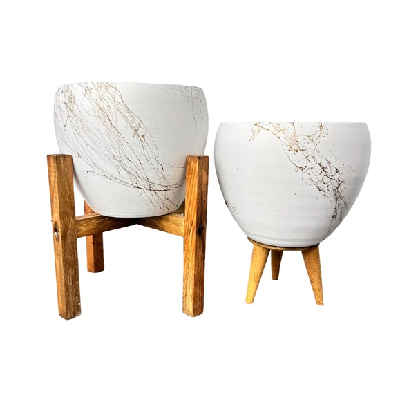 Bitki Tasarımı Beyaz Üzeri Gold Mermer Efektli Toprak Saksı Saksılık Salon Çiçeklik İkili Set 3 Ayaklı- 4 Ayaklı- 15 Cm ürün görseli 1