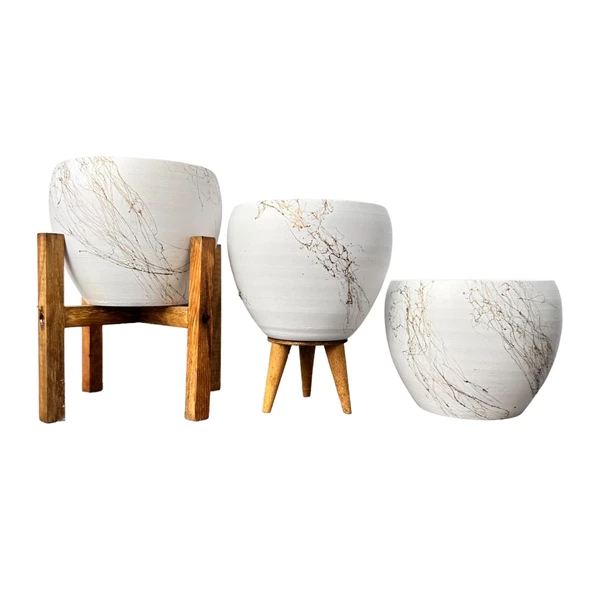 Bitki Tasarımı Beyaz Üzeri Gold Mermer Efektli Toprak Saksı Saksılık Salon Çiçeklik Üçlü Set - 15 Cm ürün görseli 1