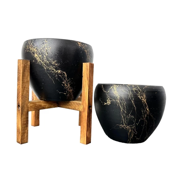 Siyah Üzeri Gold Mermer Efektli Toprak Saksı Saksılık Salon Çiçeklik İkili Set Ayaksız -4 Ayaklı-15 Cm ürün görseli 1