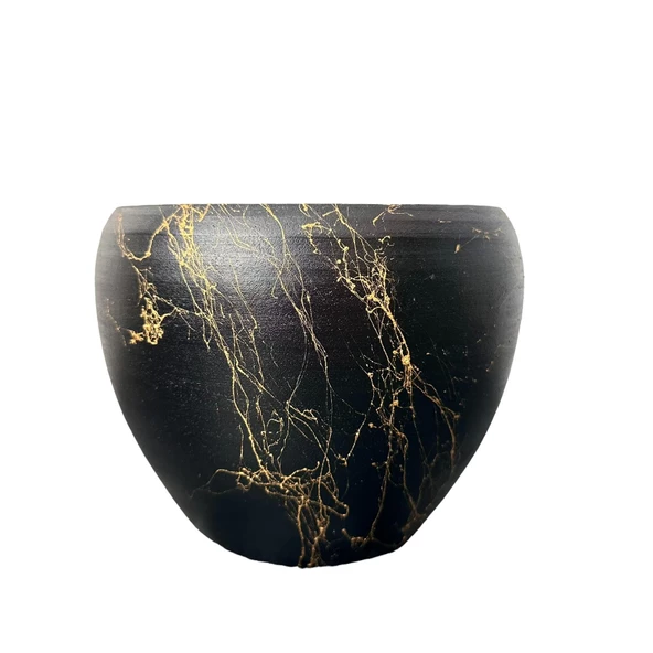 Bitki Tasarımı Siyah Üzeri Gold Mermer Efektli Toprak Saksı Saksılık Salon Çiçeklik - 15 Cm ürün görseli 1