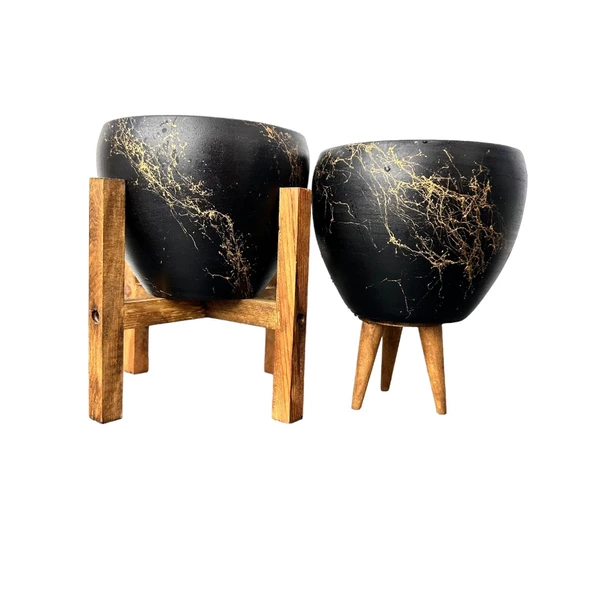 Bitki Tasarımı Siyah Üzeri Gold Mermer Efektli Toprak Saksı Saksılık Salon Çiçeklik İkili Set 3 Ayaklı- 4 Ayaklı- 15 Cm ürün görseli 1