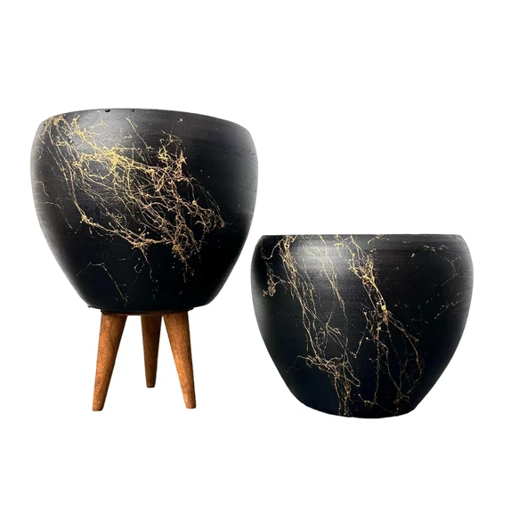 Bitki Tasarımı Siyah Üzeri Gold Mermer Efektli Toprak Saksı Saksılık Salon Çiçeklik İkili Set Ayaksız - 3 Ayaklı- 15 Cm ürün görseli 1