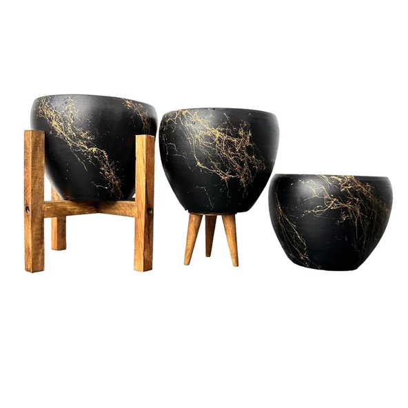 Bitki Tasarımı Siyah Üzeri Gold Mermer Efektli Toprak Saksı Saksılık Salon Çiçeklik Üçlü Set - 15 Cm ürün görseli 1
