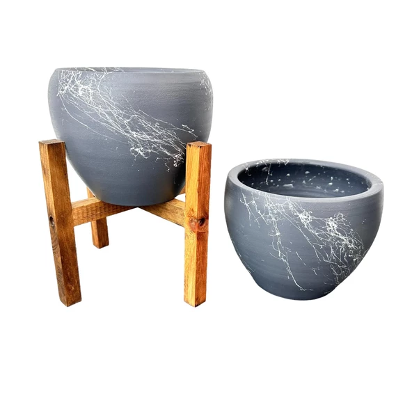 Bitki Tasarımı Gri Üzeri Beyaz Mermer Efektli Toprak Saksı Saksılık Salon Çiçeklik İkili Set Ayaksız - 4 Ayaklı- 15 Cm ürün görseli 1