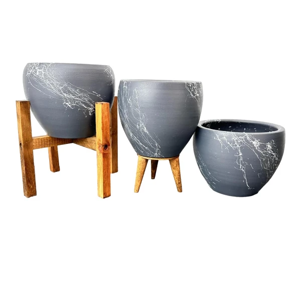 Bitki Tasarımı Gri Üzeri Beyaz Mermer Efektli Toprak Saksı Saksılık Salon Çiçeklik Üçlü Set - 15 Cm ürün görseli 1
