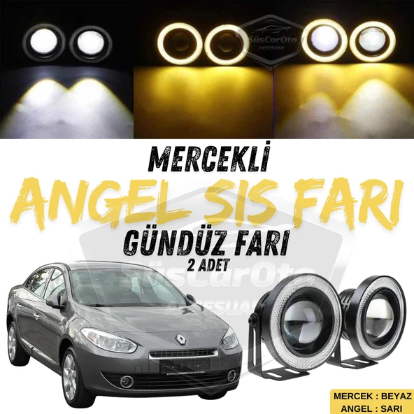 Renault Fluence 2009-2016 Uyumlu Üniversal Mercekli Angel Sis Farı Metal Su Geçirmez 76 mm Sarı Halkalı Gündüz Farı Angel Eyes 2 Adet ürün görseli 1